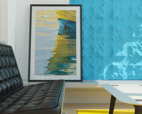 living room with decorative geometric wall panels painted blue
