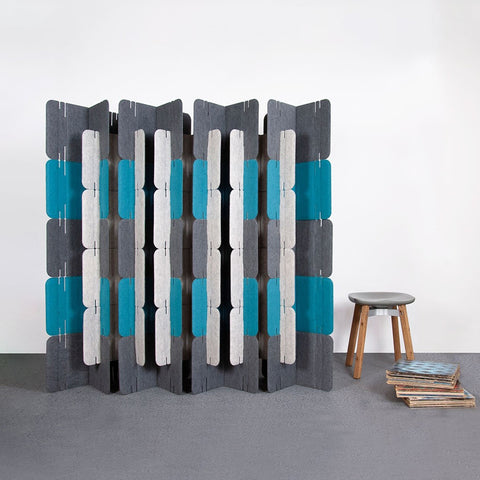 grey, blue and white modular acoustic room divider