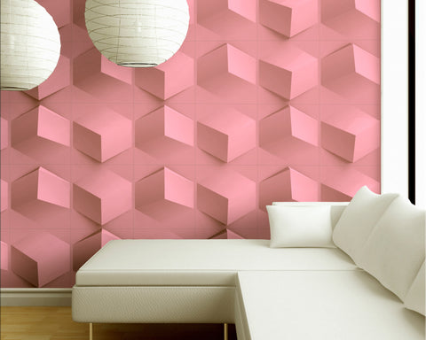 modern geometric wallpaper panels painted pink with couch and lamp