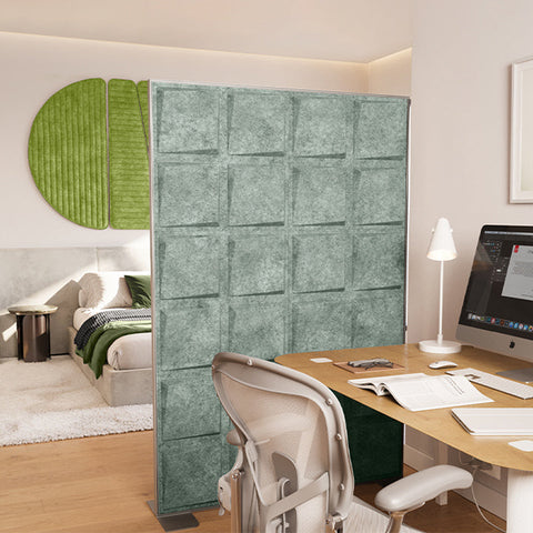home office with acoustic wall art and room divider