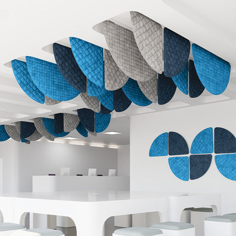 white open space with decorative quilted baffles in blue and grey