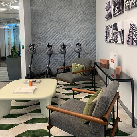 lobby with acoustic wall art accent walls in retro style