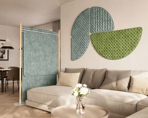 living room with acoustic quilts and acoustic room dividers
