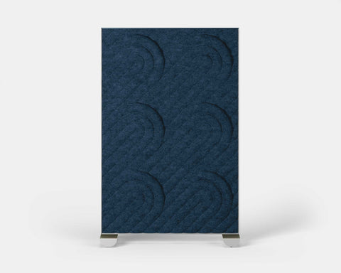 Shift Walls Room Divider 4'x6' with Deco pattern, denim blue color, and mobile caster base