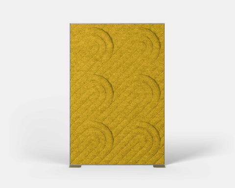 Shift Walls Room Divider 4'x6' with Deco pattern, mustard yellow color, and stable plate base