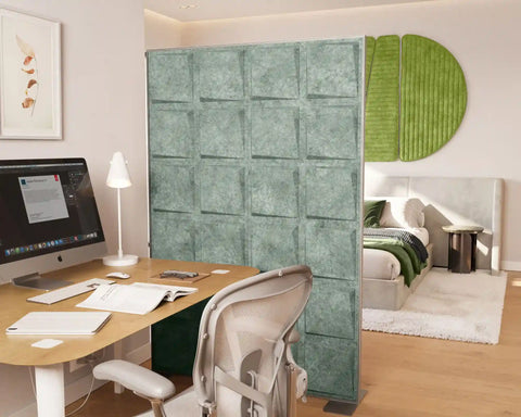 Shift Walls Room Divider 4'x6' in bedroom setting with QuiltForms wall art and two-tone desk