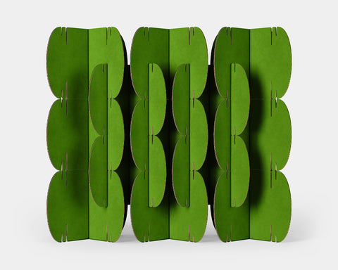 Mio Culture Nomad System featuring 26 green cardboard modules creating a fresh and eco-friendly room divider solution