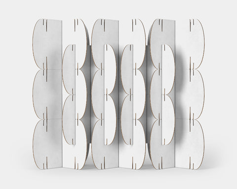 Mio Culture Nomad System featuring 26 mottled white cardboard modules arranged in a contemporary partition design