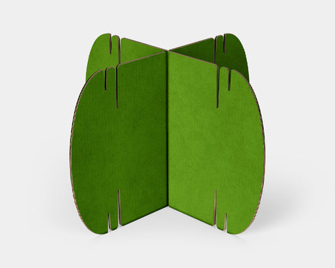Two green Nomad System cardboard modules highlighting the vibrant color option and modular construction details