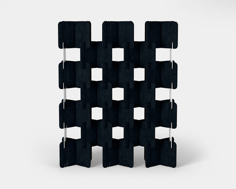 Nomad System Felt PRO Acoustic Room Divider with 10 modules in open configuration in navy blue color showing acoustic properties