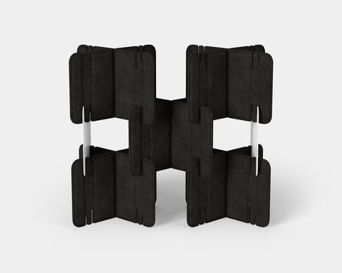 Nomad System Felt PRO Acoustic Room Divider with 10 modules in open configuration in charcoal color showing sound absorption features