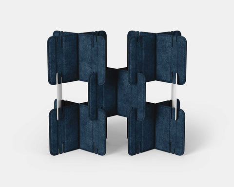 Nomad System Felt PRO Acoustic Room Divider with 10 modules in open configuration in denim blue color showing acoustic features