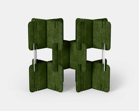 Nomad System Felt PRO Acoustic Room Divider with 10 modules in open configuration in moss green color showing internal structure