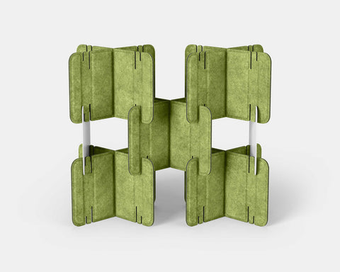 Nomad System Felt PRO Acoustic Room Divider with 10 modules in open configuration in pistachio green color showing acoustic features