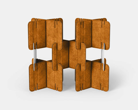 Nomad System Felt PRO Acoustic Room Divider with 10 modules in open configuration in pumpkin orange color showing structure detail