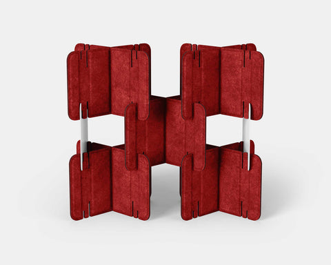 Nomad System Felt PRO Acoustic Room Divider with 10 modules in open configuration in red color showing internal structure