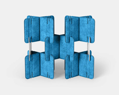 Nomad System Felt PRO Acoustic Room Divider with 10 modules in open configuration in tropical wave blue color showing interior design