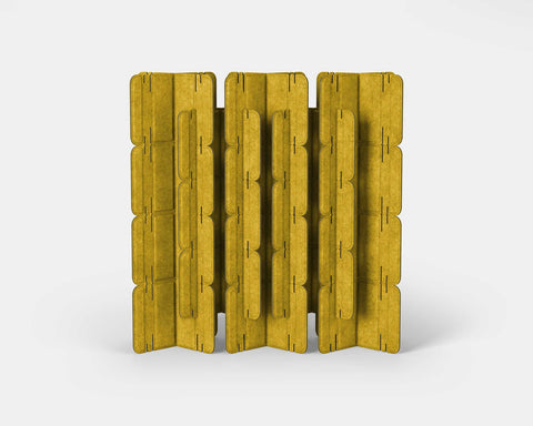 Nomad System Felt PRO Acoustic Room Divider with 20 modules in closed configuration in mustard color creating a bold statement wall