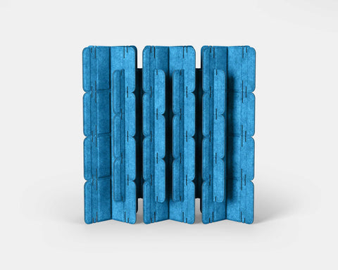 Nomad System Felt PRO Acoustic Room Divider with 20 modules in closed configuration in tropical wave blue color for complete privacy