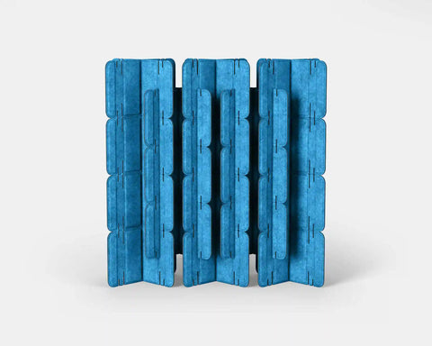 Nomad System Felt PRO Acoustic Room Divider with 20 modules in closed configuration in tropical wave blue color for complete privacy