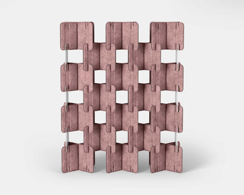Nomad System Felt PRO Acoustic Room Divider with 20 modules in open configuration in blush pink color showing full system