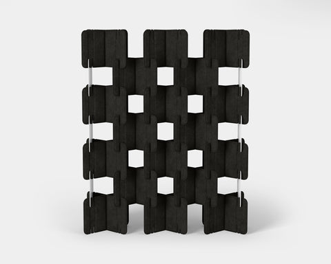 Nomad System Felt PRO Acoustic Room Divider with 20 modules in open configuration in charcoal color showing full system flexibility