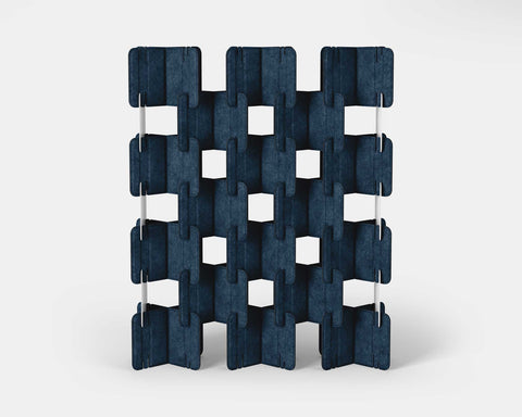 Nomad System Felt PRO Acoustic Room Divider with 20 modules in open configuration in denim blue color showing full system detail