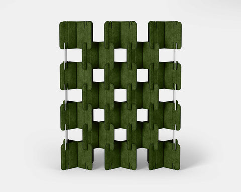 Nomad System Felt PRO Acoustic Room Divider with 20 modules in open configuration in moss green color showing acoustic properties