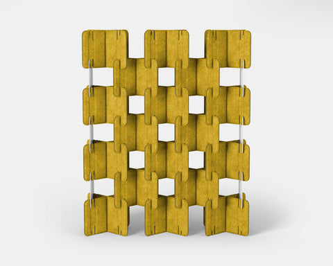 Nomad System Felt PRO Acoustic Room Divider with 20 modules in open configuration in mustard color showing acoustic performance