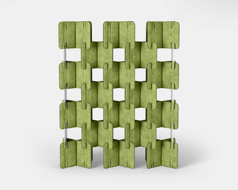 Nomad System Felt PRO Acoustic Room Divider with 20 modules in open configuration in pistachio green color showing full system detail