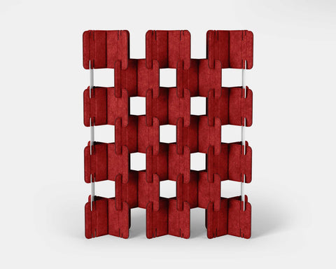 Nomad System Felt PRO Acoustic Room Divider with 20 modules in open configuration in red color showing complete acoustic system
