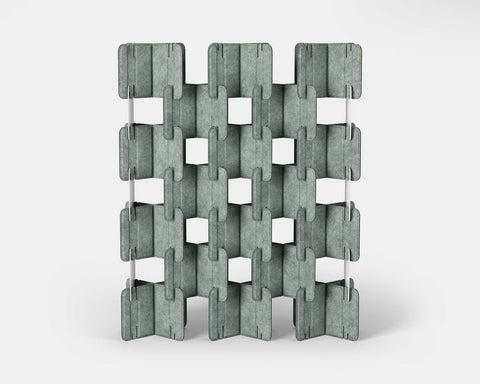 Nomad System Felt PRO Acoustic Room Divider with 20 modules in open configuration in sage green color showing full acoustic system