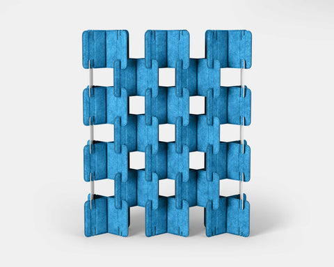 Nomad System Felt PRO Acoustic Room Divider with 20 modules in open configuration in tropical wave blue color showing full system