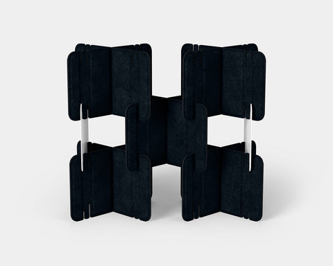 Nomad System Felt PRO Acoustic Room Divider with 5 modules in open configuration in navy blue color showing internal structure