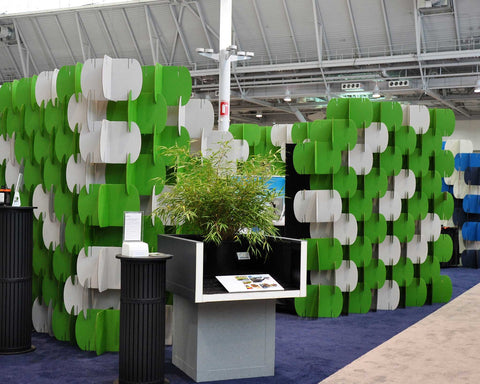 Close-up detail of Nomad System room divider configured as a trade show booth showing construction quality