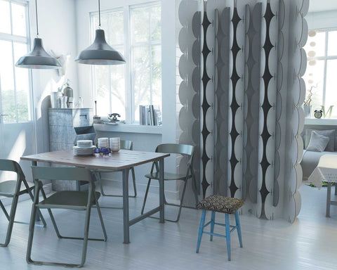 Detailed view of Nomad System room divider splitting a room into functional zones while maintaining design continuity