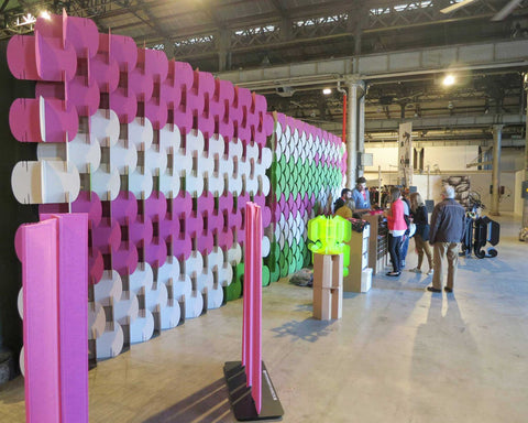 Nomad System cardboard room divider configured as a large display wall for professional events and exhibitions