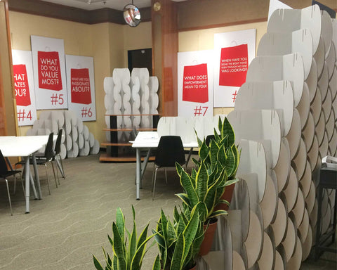 Nomad System room dividers configured as professional interview screens for privacy and acoustic control