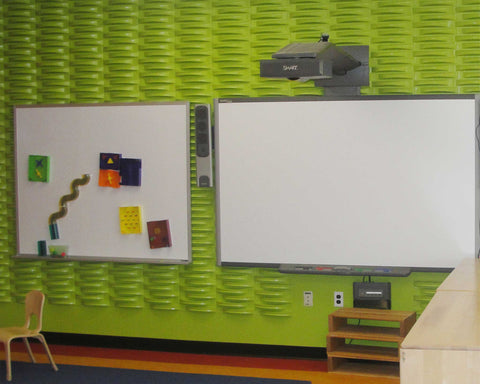 Acoustic Weave PlasticForms Wall Tiles – Painted green classroom
