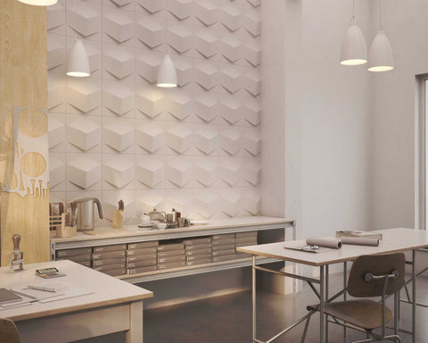 Cube Plasticforms Wall Tiles - Office view with white 3D tiles