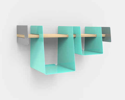 Modern wall shelf with turquoise storage bins