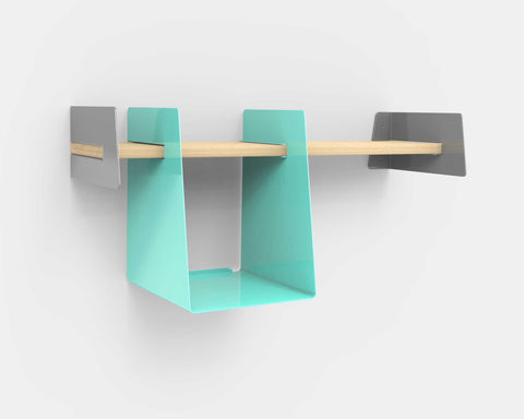 Wall-mounted shelf with white aqua storage bin