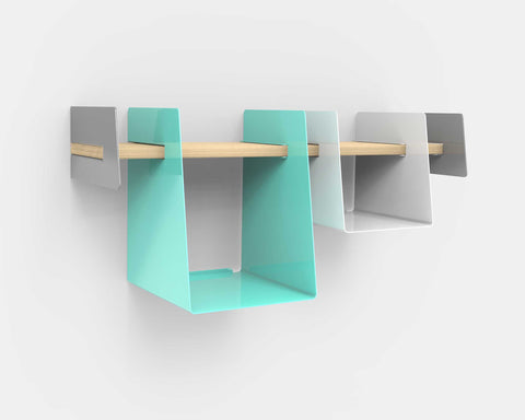 Wall-mounted shelf with white and aqua storage bins