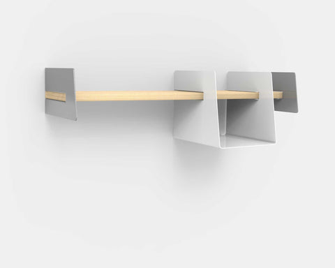 Wall-mounted shelf with white storage bin
