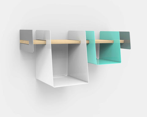 Wall-mounted shelf with white and seafoam storage bins