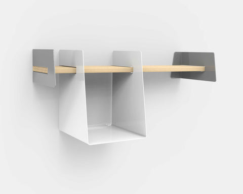 Wall-mounted shelf with white storage bin