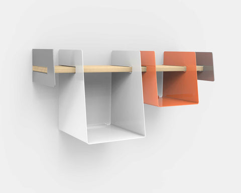 Wall-mounted shelf with white and orange storage bin