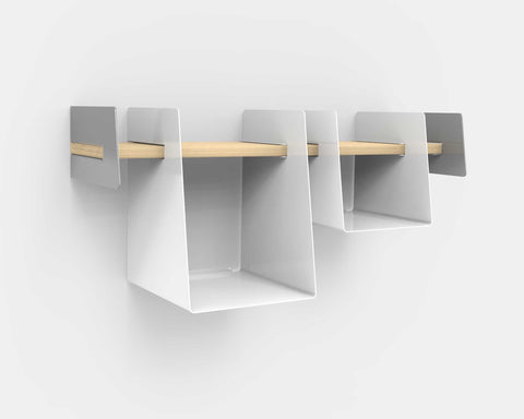 Wall-mounted shelf with white storage bin