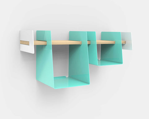Wall-mounted shelf with turquoise storage bins