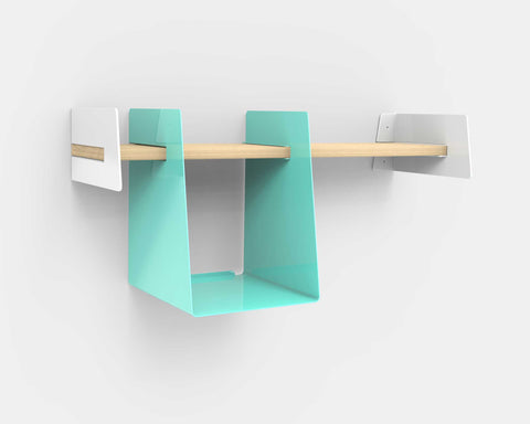 Wall-mounted shelf with turquoise storage bin